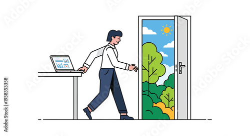 Man Leaving Office Desk Towards Open Door with Nature Scene