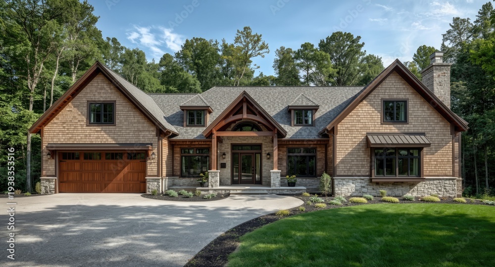 Obraz premium Contemporary residence featuring a gable end with twin windows and shingled wall exterior