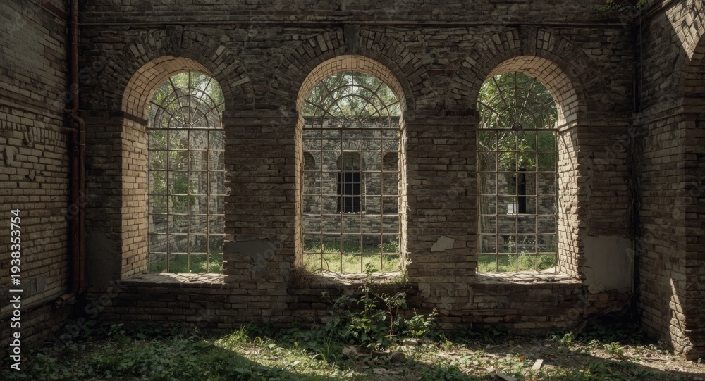 Obraz premium Ancient abandoned ruin showing broken arch window frames