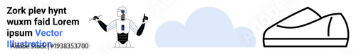 Futuristic robot with mechanical arms, a cloud icon, and a modern shoe outline with placeholder text. Ideal for technology, fashion, AI, weather, automation, innovation, and placeholder. Landing page