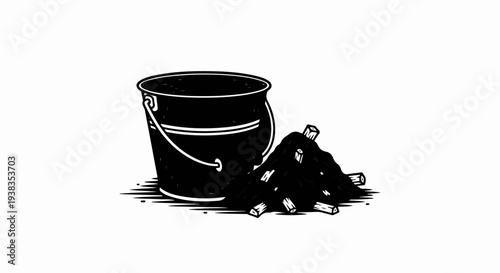 Black bucket next to a pile of charcoal pieces