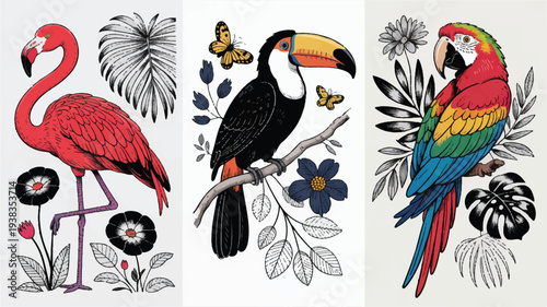Colorful tropical birds and flowers illustrations