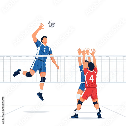 Volleyball players in action, jumping to spike and block the ball over the net