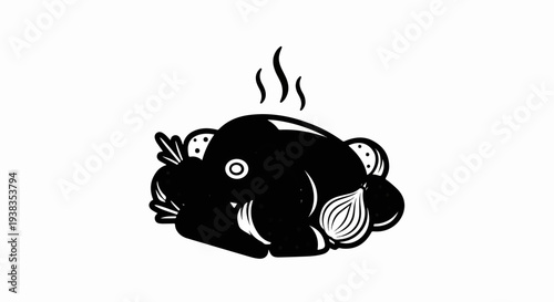 Whimsical black and white illustration of a roasted chicken with vegetables