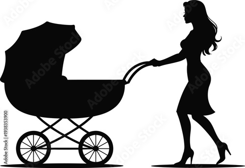 Silhouette of woman pushing baby stroller vector