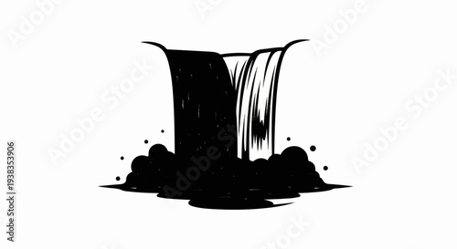 A simple black and white illustration of a waterfall cascading into frothy water