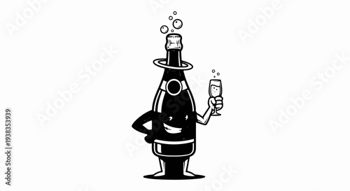 Cartoon bottle with cap, holding a glass of bubbly drink