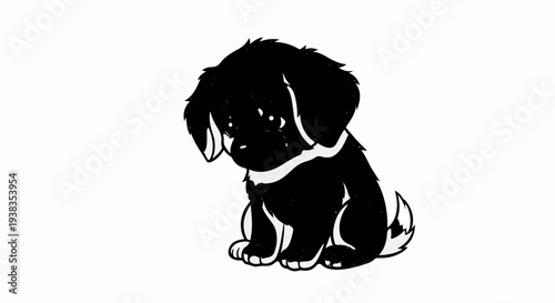 A sad, fluffy black puppy with big eyes sits with its head down