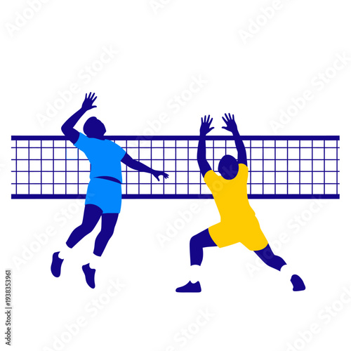 Volleyball players in action, spiking and blocking at the net, stylized illustration