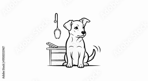 A puppy sits patiently next to a veterinary examination table and stethoscope