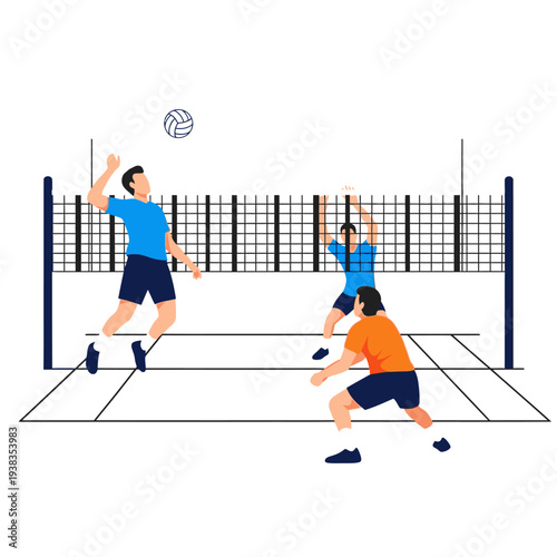 Volleyball players in action, spiking, blocking, and defending on court with net