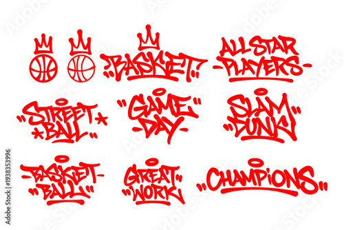 Set of 8 Basketball Graffiti Tags Featuring Various Streetball Icons and Typography with Realistic Spray Paint Texture.