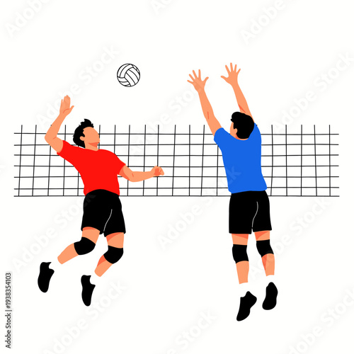 Volleyball players jumping at net, action sport illustration, team game concept