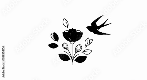 A black silhouette of a swallow flies near a stylized blooming flower with buds and leaves