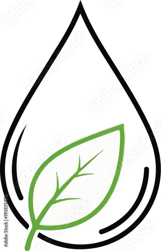 Stylized depiction of a green leaf within a black outline of a water droplet