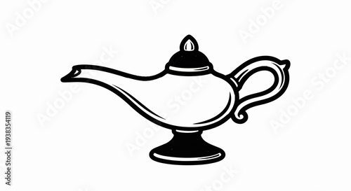 Stylized illustration of a classic magic lamp with a handle and spout