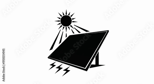 Sun powering solar panel with lightning bolts, representing energy