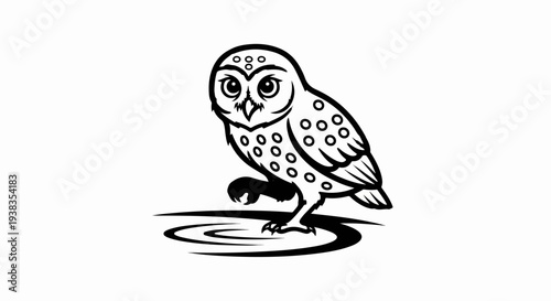 A black and white stylized owl with circles for feathers and eyes