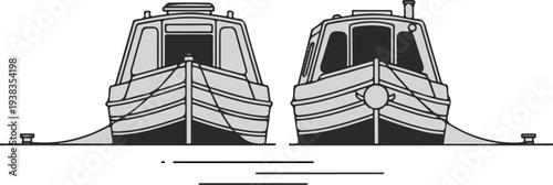 Two canal boats docked side-by-side with ropes attached to bollards