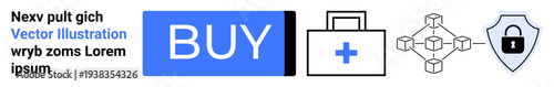 Blue BUY button, medical briefcase with a cross, blockchain network, and shield with a lock. Ideal for e-commerce, healthcare, cryptocurrency, cybersecurity, tech innovation, financial security