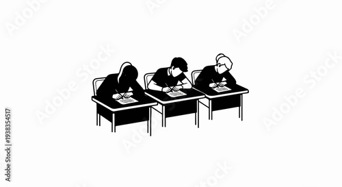 Three students focused on writing at their desks during a test