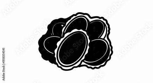 A black and white drawing of a cluster of oval shapes with scalloped edges