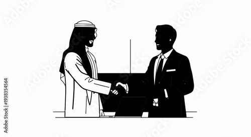 Two men shaking hands, one in traditional attire, the other in a suit