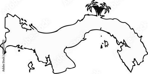 Outline map of a country with palm trees at the top center