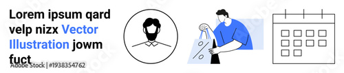 Man carrying shopping bags, profile avatar in a circle, and monthly calendar grid alongside placeholder text. Ideal for planning, communication, e-commerce, scheduling, profiles, organization user