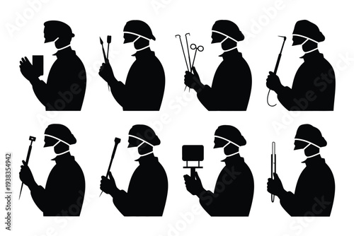 Dentist silhouette collection various dental tools and procedures in black and white illustrations