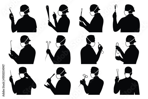 Collection of black silhouettes of people wearing face masks and holding various objects in different poses against a white background