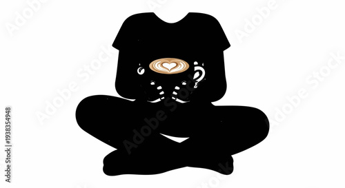 Silhouette of person meditating with heart-shaped latte