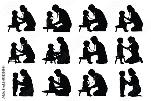 Collection of silhouettes showing parents interacting with children in various tender moments and activities