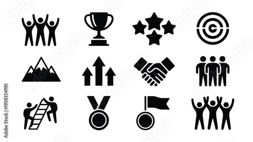 Collection of minimalist black icons for business success and teamwork on white background