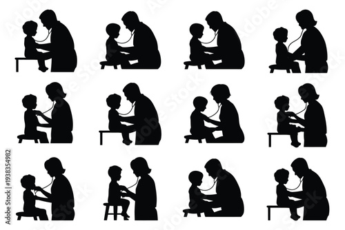 Black silhouettes of adults and children sitting and interacting in various poses on white background for design use