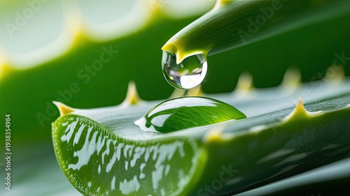 Close-up of a water drop falling onto a fresh green aloe vera leaf