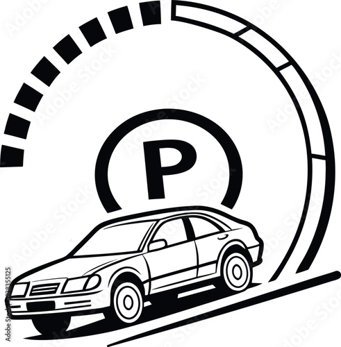Black and white illustration of a car parked with a parking sign