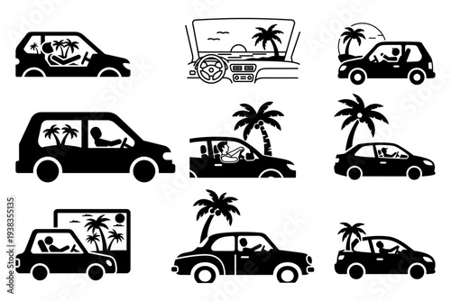 Vacation Road Trip Car with Palm Trees Solid Icon set Minimal Vector Design