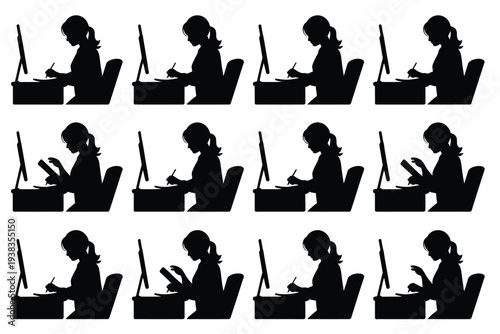 Silhouette of woman working on laptop in various poses multiple views black and white illustration office workspace productivity concept