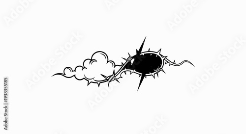 Stylized cloud entwined with thorny barbed wire, leading to a dark, spiky circle