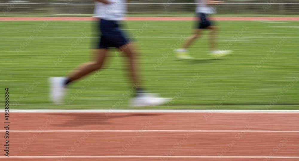 Fototapeta premium Blurred runners jogging on a well-kept sports field with text copy space