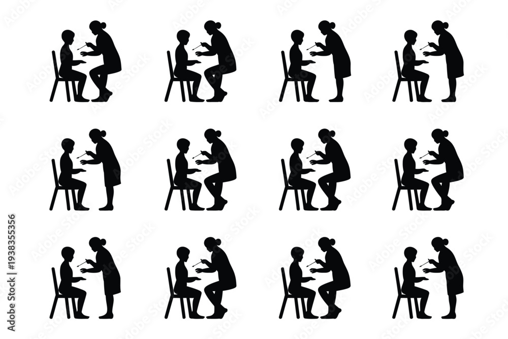 Fototapeta premium Collection of black silhouettes showing people interacting at tables across twelve different scenes on white background