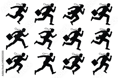 Silhouettes of businesspeople in motion carrying briefcases and running in various dynamic poses against a white background conveying urgency and professionalism