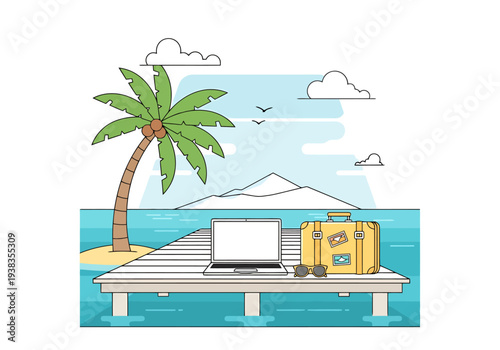 Laptop and suitcase on wooden pier beside tropical island and ocean with distant mountain view for remote work vacation concept