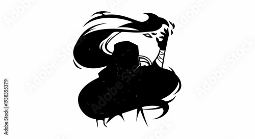 Stylized silhouette of a cloaked figure with flowing hair