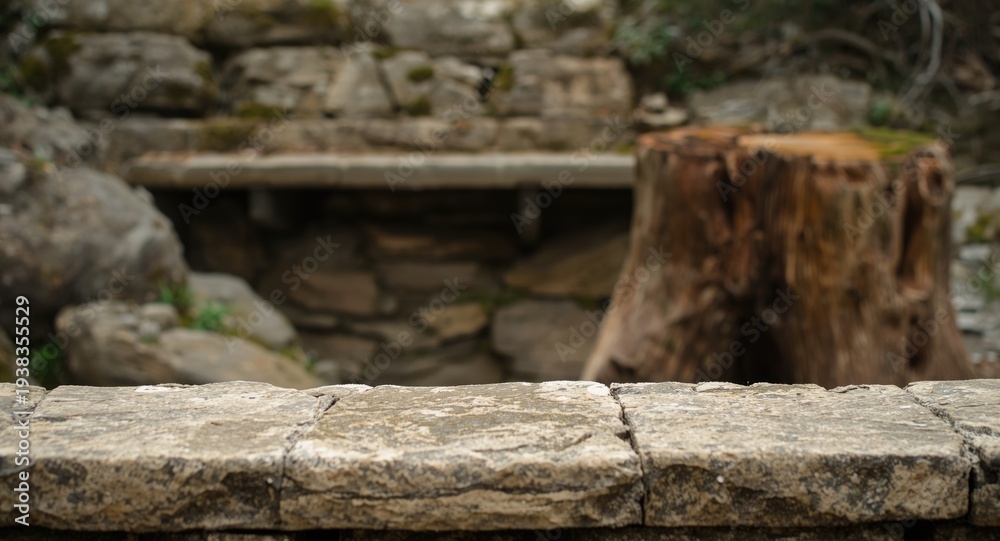 Fototapeta premium Stone ledge foreground combined with rugged rock shelf and stump background
