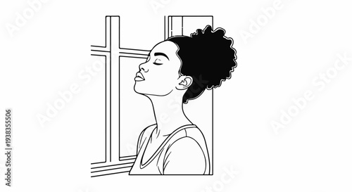 Woman with eyes closed, tilted head, and afro hairstyle, near a window