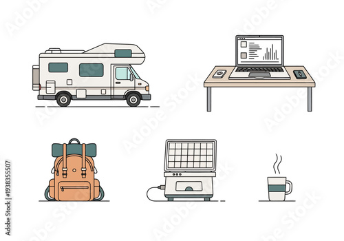 Digital Nomad Lifestyle With Camper Van Laptop Backpack and Coffee Setup For Remote Work And Travel Adventures