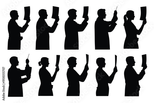 Ten people in various poses holding documents and pens in silhouette against a white background showcasing different professional gestures and attitudes