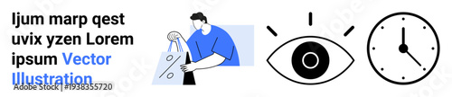 Man washing clothes with detergent, an eye symbol, and a clock icon with black and blue tones. Ideal for laundry services, hygiene, cleanliness, observation, time management, household chores